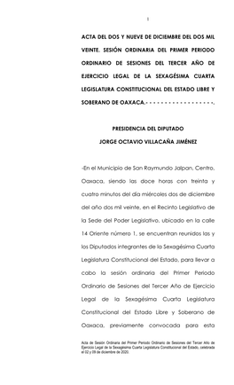 Acta De Sesión De Instalación Y Toma De Protesta De Los Diputados Integrantes De La Sexagesima Segunda Legislatura Constituc