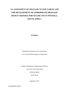 An Assessment of Shallow Water Tables and the Development of Appropriate Drainage Design Criteria for Sugarcane in Pongola, South Africa