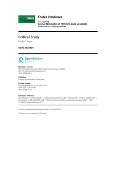 Études Irlandaises, 37-2 | 2012 Critical Study 2