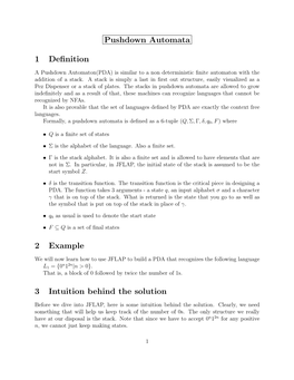 Pushdown Automata 1 Definition 2 Example 3 Intuition Behind The