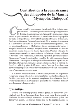 Contribution À La Connaissance Des Chilopodes De La Manche (Myriapoda, Chilopoda)