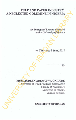 UNIVERSITY of IBADAN LIBRARY Ibadan University Press Publishing House University of Ibadan Ibadan, Nigeria