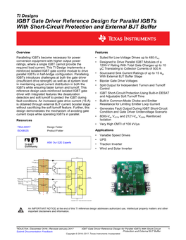 IGBT Gate Driver Reference Design for Parallel Igbts with Short-Circuit Protection and External BJT Buffer