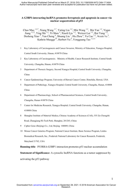 A G3BP1-Interacting Lncrna Promotes Ferroptosis and Apoptosis in Cancer Via Nuclear Sequestration of P53