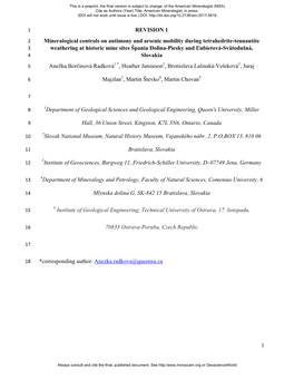 REVISION 1 Mineralogical Controls on Antimony and Arsenic Mobility