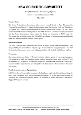 Sooty Oystercatcher Haematopus Fuliginosus Review of Current Information in NSW May 2008