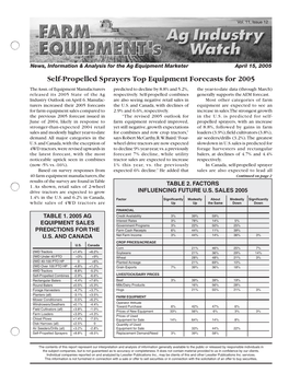 Self-Propelled Sprayers Top Equipment Forecasts for 2005