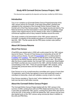 Study 4978 Cornwall Online Census Project, 1891