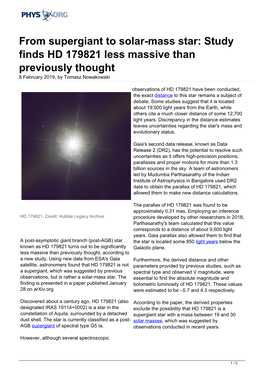 From Supergiant to Solar-Mass Star: Study Finds HD 179821 Less Massive Than Previously Thought 8 February 2019, by Tomasz Nowakowski
