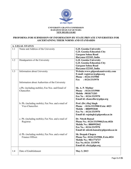 Proforma for Submission of Information by State Private Universities for Ascertaining Their Norms and Standards