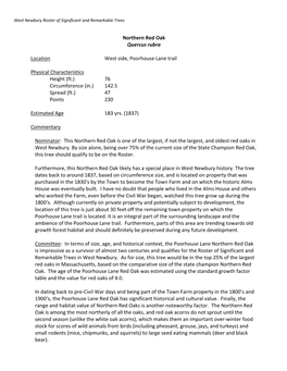 Poorhouse Lane Northern Red Oak Is Impressive As a Survivor of Almost Two Centuries and Qualifies for the Roster of Significant and Remarkable Trees in West Newbury