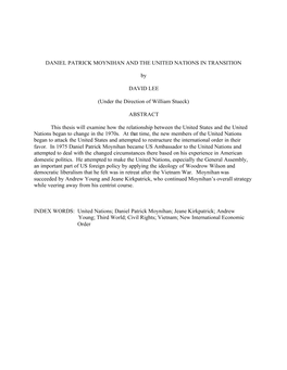 DANIEL PATRICK MOYNIHAN and the UNITED NATIONS in TRANSITION by DAVID LEE (Under the Direction of William Stueck)