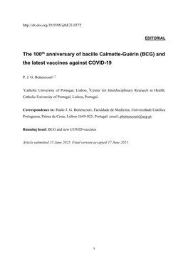 The 100Th Anniversary of Bacille Calmette-Guérin (BCG) and the Latest Vaccines Against COVID-19