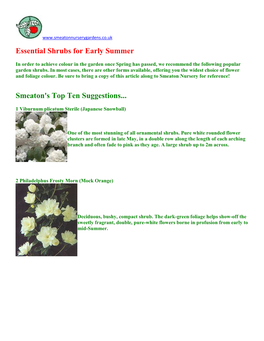 Essential Shrubs for Early Summer Smeaton's Top Ten Suggestions