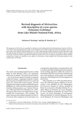 Revised Diagnosis of Metriaclima with Description of a New Species (Teleostei: Cichlidae) from Lake Malawi National Park, Africa