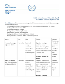 Public Information and Outreach in Uganda Calendar of Activities – September 2009