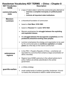 Kessleman Vocabulary KEY TERMS – China – Chapter 8