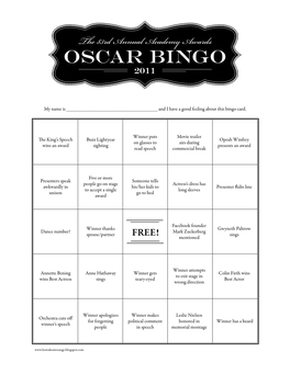 Oscar Bingo for 2011