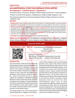 AN ANATOMICAL STUDY on DORSALIS PEDIS ARTERY M.S.Rajeshwari1, B.N.Roshankumar2, Vijayakumar3