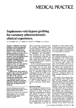 Saphenous Vein Bypass Grafting for Coronary Atherosclerosis: Clinical Experience