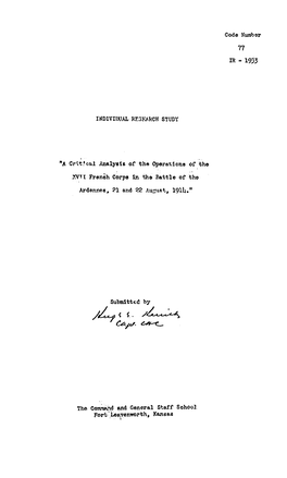 A Crvt?Cal Analysis of the Operations of the Xvtt French Corps in the Battle of the Ardennes, ?1 and 22 August, I9II4.