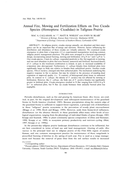 Annual Fire, Mowing and Fertilization Effects on Two Cicada Species (Homoptera: Cicadidae) in Tallgrass Prairie