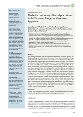 Medical Ethnobotany of Herbal Practitioners in the Turkestan Introduction Range, Southwestern Kyrgyzstan