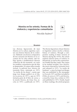Moreira En Los Setenta. Formas De La Ar Violencia Y Experiencias Comunitarias 217-235 Nicolás Suárez*