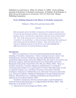 Twelve Defining Moments in the History of Alcoholics Anonymous