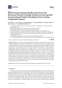 Whole Exome Sequencing Reveals Novel and Recurrent Disease-Causing Variants in Lens Speciﬁc Gap Junctional Protein Encoding Genes Causing Congenital Cataract