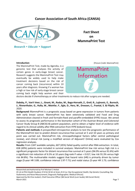 (CANSA) Fact Sheet on Mammaprint Test