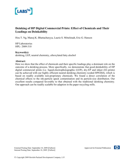 Deinking of HP Digital Commercial Prints: Effect of Chemicals and Their Loadings on Deinkability