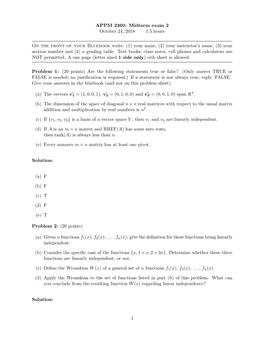 APPM 2360: Midterm Exam 2 October 24, 2018 1.5 Hours on the Front Of