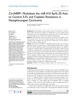 Circnrip1 Modulates the Mir-515-5P/IL-25 Axis to Control 5-Fu and Cisplatin Resistance in Nasopharyngeal Carcinoma