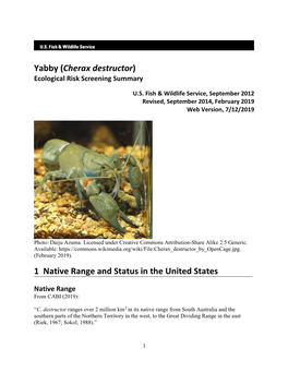 Yabby (Cherax Destructor) Ecological Risk Screening Summary