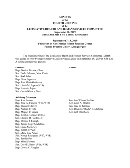 MINUTES of the FOURTH MEETING of the LEGISLATIVE HEALTH and HUMAN SERVICES COMMITTEE September 16, 2009 Santa Ana Star Civic Center, Rio Rancho