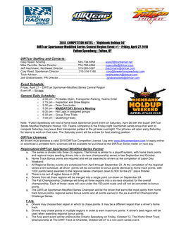 2018 COMPETITOR NOTES – “Highbank Holdup 50” Dirtcar Sportsman-Modified Series Central Region Event #1 – Friday, April 27 2018 Fulton Speedway - Fulton, NY