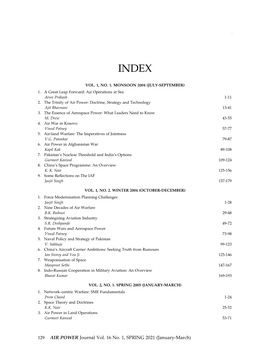 AIR POWER Journal Vol. 16 No. 1, Spring 2021 (January-March) Index