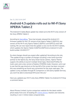 Android 4.3 Update Rolls out to Wi-Fi Sony XPERIA Tablet Z