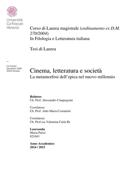 Cinema, Letteratura E Società La Metamorfosi Dell’Epica Nel Nuovo Millennio