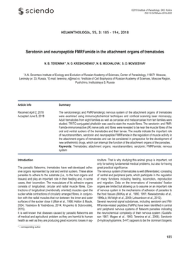 Serotonin and Neuropeptide Fmrfamide in the Attachment Organs of Trematodes