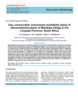 Use, Conservation and Present Availability Status of Ethnomedicinal Plants of Matebele-Village in the Limpopo Province, South Africa