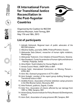 IX International Forum for Transitional Justice Reconciliation in the Post-Yugoslav Countries