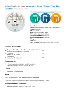Yellow Magic Orchestra Computer Game (Theme from the Invaders) Mp3, Flac, Wma