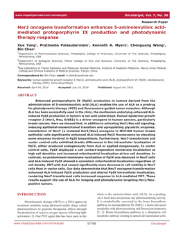 Her2 Oncogene Transformation Enhances 5-Aminolevulinic Acid- Mediated Protoporphyrin IX Production and Photodynamic Therapy Response