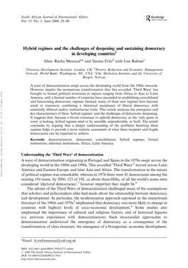 Hybrid Regimes and the Challenges of Deepening and Sustaining Democracy in Developing Countries1 Alina Rocha Menocala* and Verena Fritzb with Lise Raknerc