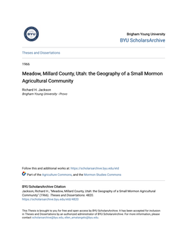 Meadow, Millard County, Utah: the Geography of a Small Mormon Agricultural Community