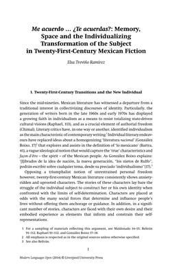 Memory, Space and the Individualizing Transformation of the Subject in Twenty-First-Century Mexican Fiction