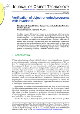 VERIFICATION of OBJECT-ORIENTED PROGRAMS with INVARIANTS at Least to Hoare’S 1972 Paper on Data-Representation Correctness [19]