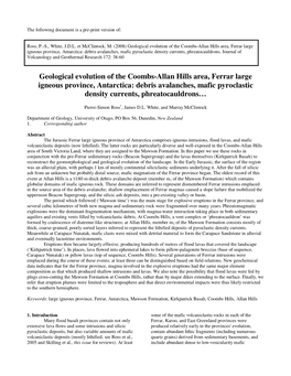 Geological Evolution of the Coombs-Allan Hills Area, Ferrar Large Igneous Province, Antarctica